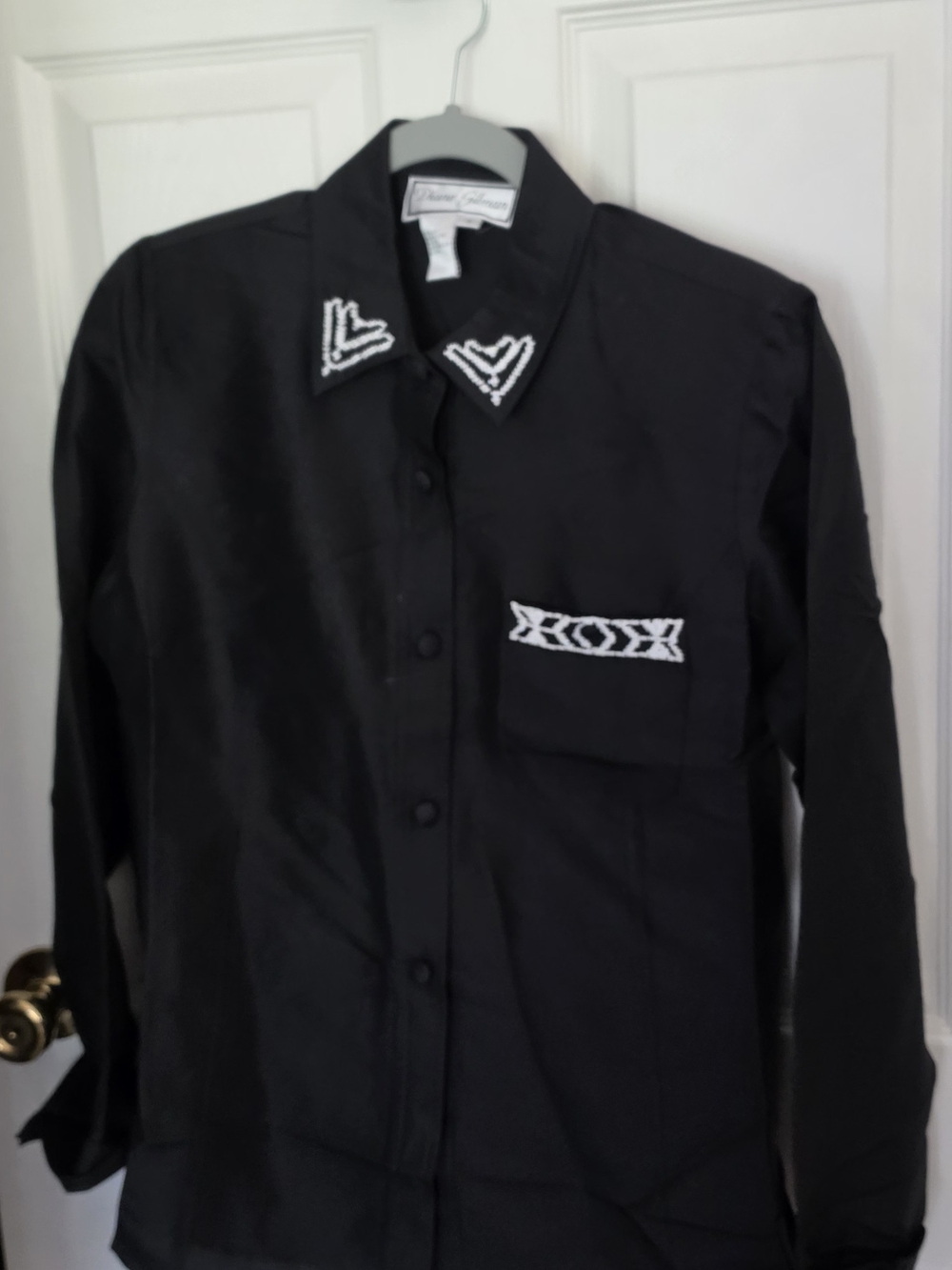 DIANE GILMAN Vintage Black Silk Button-Up with White Embroidered Beading NWOT
